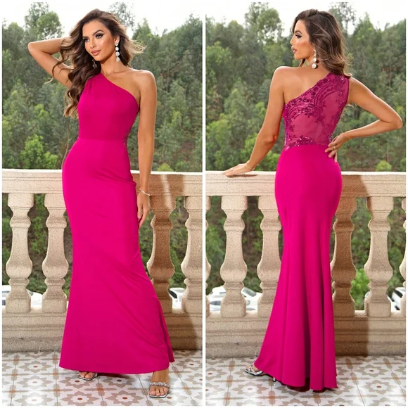 (Out of stock) Green One-Shoulder Sleeveless Maxi Dress - Picture 9 of 9